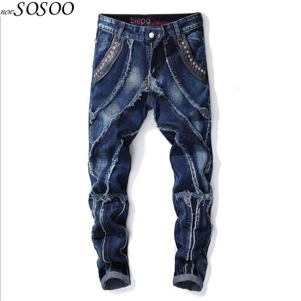 

jisutong brand store new style men jeans 100% cotton denim patchwork spliced fashion man's jeans #594, Blue