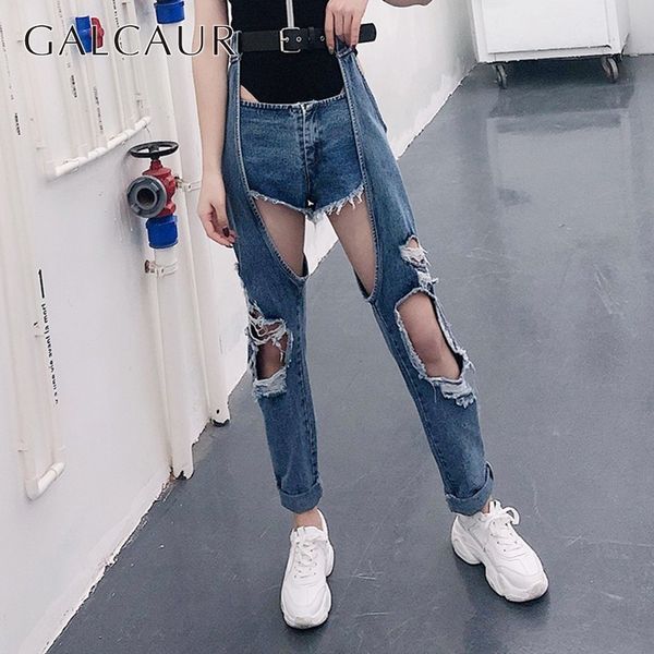 

galcaur jeans for women high waist sashes ripped hole irregual patchwork demin pants female korean fashion 2019 spring new, Blue