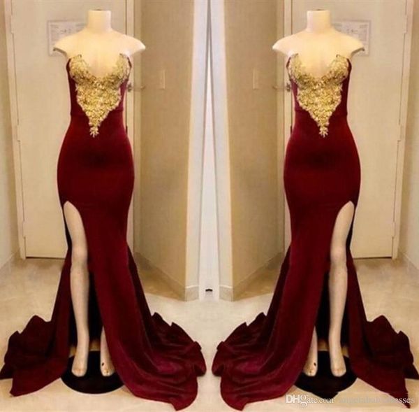 

long dark red prom dresses 2019 strapless gold applique with high slit prom dress floor length formal pageant gowns custom made, Black