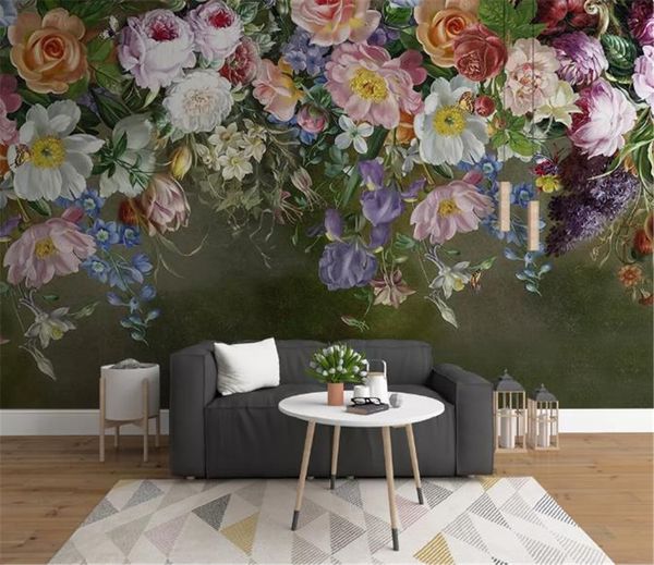 

european retro vintage hand painted rose flower tv background wall 3d wallpaper