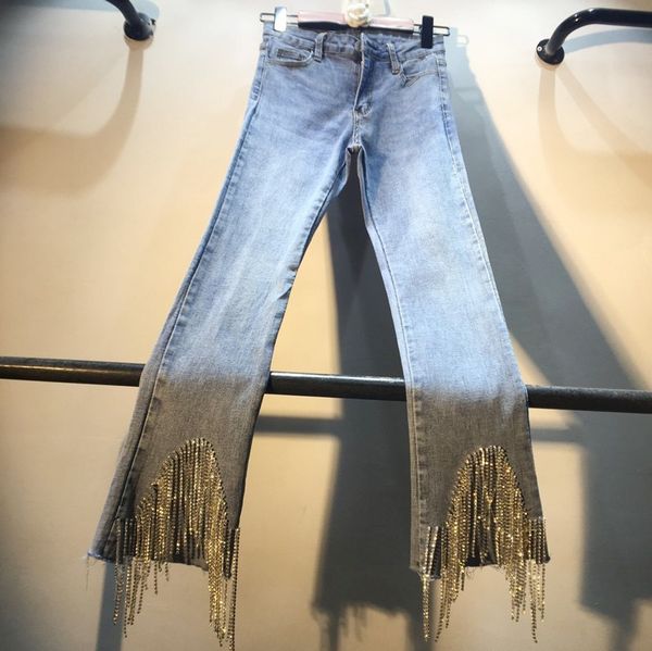 

style studded jeans woman 2019 spring high-waist slim fringed beaded diamond jeans ladies high street denim pants, Blue