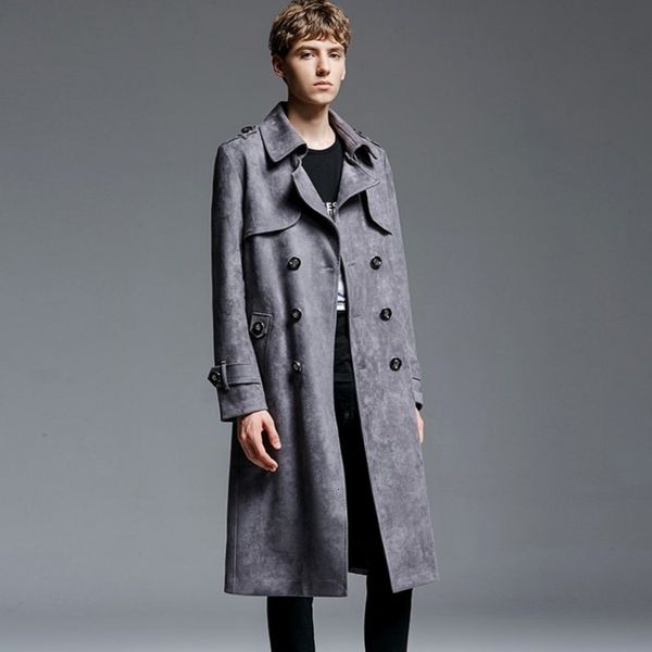 

2020 new mens maxi long coat sobretudo double breasted faux suede leather army trench man coats plus size 6xl overcoat, Tan;black