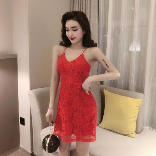 

women dresses sleeveless sling lace spring new v-neck open-back lace sling slim fit black red party dress, Black;gray