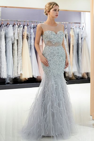 

stunning sequined feather prom dresses long rhinestones beaded high neck formal gowns floor length evening pageant dress for women gowns, Black