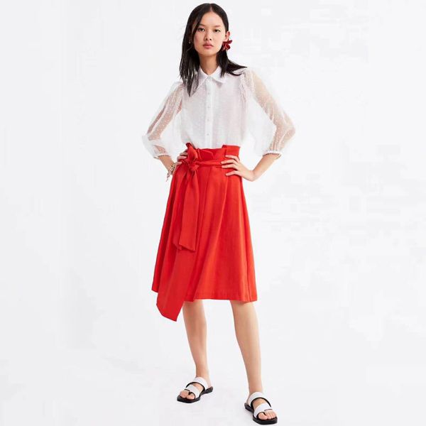 

2019 summer fashion women blouse stand collar long lantern sleeve hollow out transparent shirts ladies women t-shirt z11, White