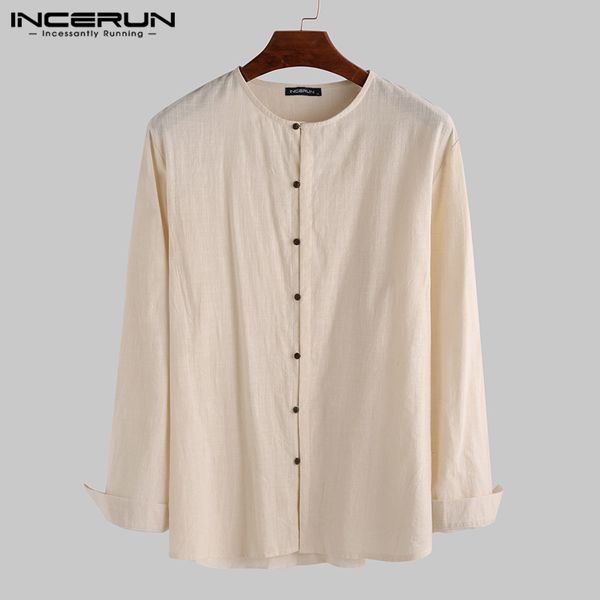 

incerun traditional men solid round collar casual shirt social joker long sleeve button chinese retro cotton linen mens blouse, White;black