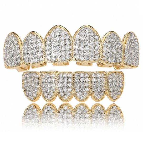 Vendita calda Hip Hop Micro zirconi Denti d'oro Grillz Top Bottom Griglie Bocca dentale Punk Denti Caps Cosplay Party Tooth Rapper Gioielli regalo gratuito