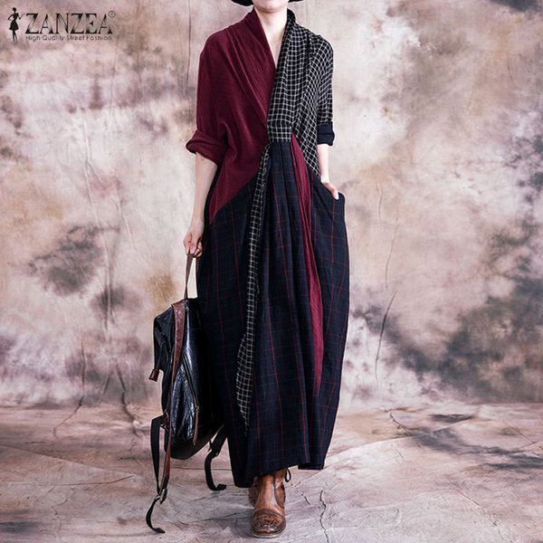 

vintage patchwork check dress women's autumn sundress zanzea 2019 casual v neck asymmetrical maxi vestidos plus size tunic robe, Black;gray