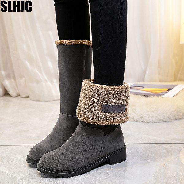 

slhjc 2019 autumn winter cotton shoes low heel mid calf snow boots women add cotton round toe slip on shoes, Black