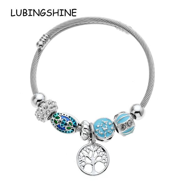 

lubingshine women silver color stainless steel rhinestones bracelets wire chain tree of life charms cuff bangles diy jewelry, Black