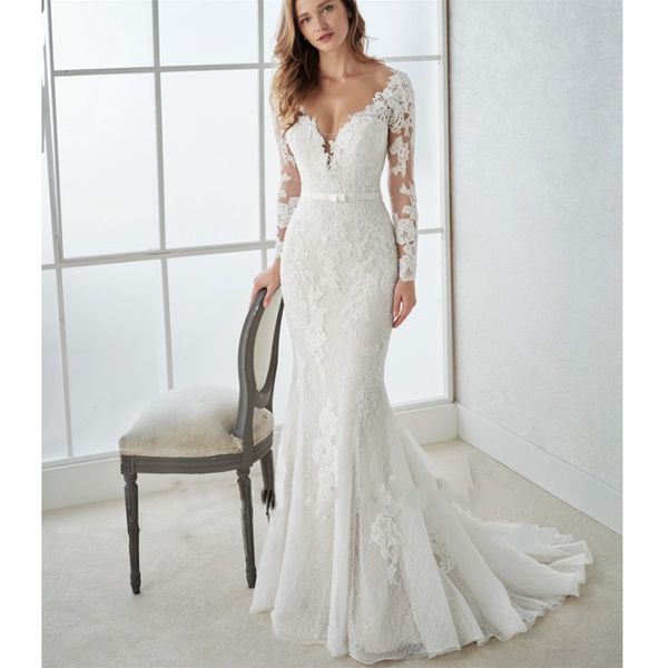 

2019 elegant white lace applique mermaid wedding dre e weep train backle country bridal dre cu tom long leeve v neck wedding gown