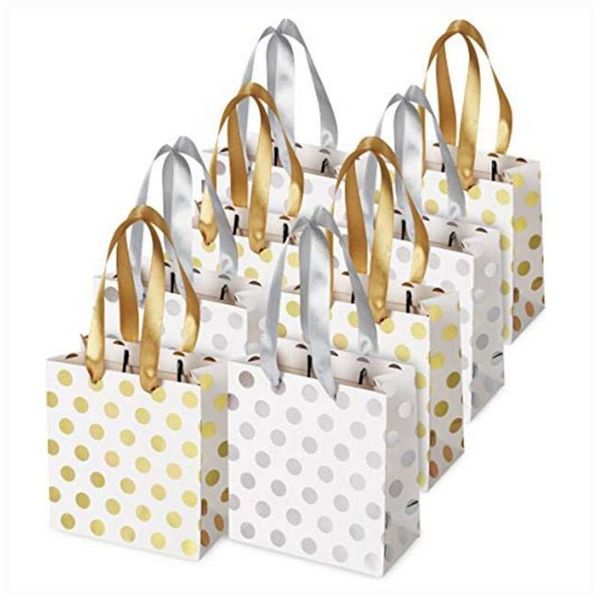 Şerit Kolları Altın Mini Hediye Bag, Doğum Düğünler Noel Tatiller Mezuniyet Bebek Partisi Gümüş Polka Dot poşetleri Küçük Hediye Çanta