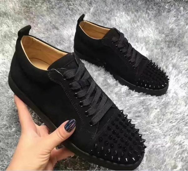 

2new arrivals men genuine leather low- shoes fashion toe rivets spikes men red bottom sneakers brand lace up casual shoes size 35-46, Black