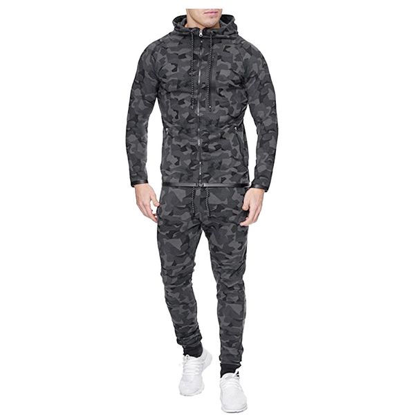 

autumn fashion men's printed pocket long-sleeved zipper hooded sweater casual sweater suit boy loose large size sports suit#lr3, Gray