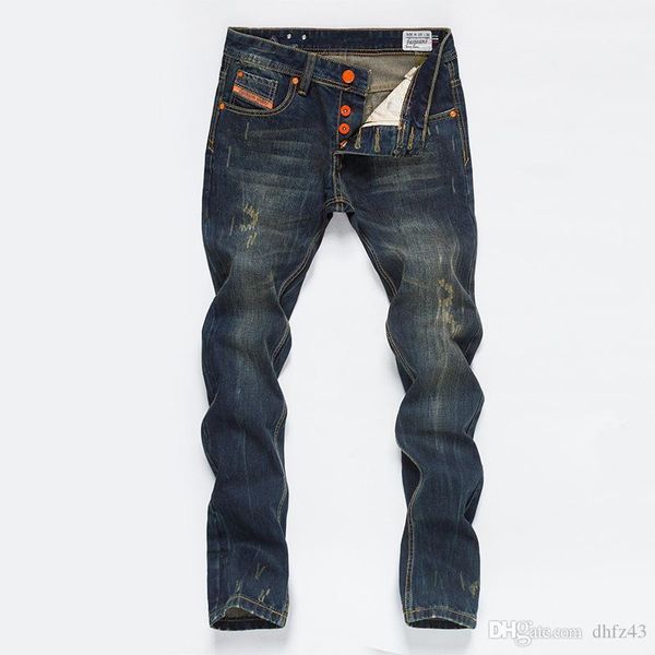 

vintage mens straight jeans button pocket designer mens pants fashion distrressed washed teenagers jeans males clothing, Blue