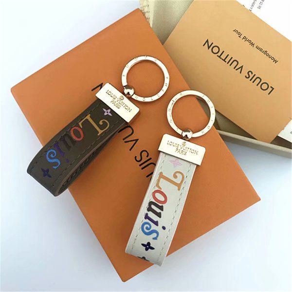 

2020 luxury keychain designer key chain real leather with stainless steel keychain keyring in golden with brown with box, Silver