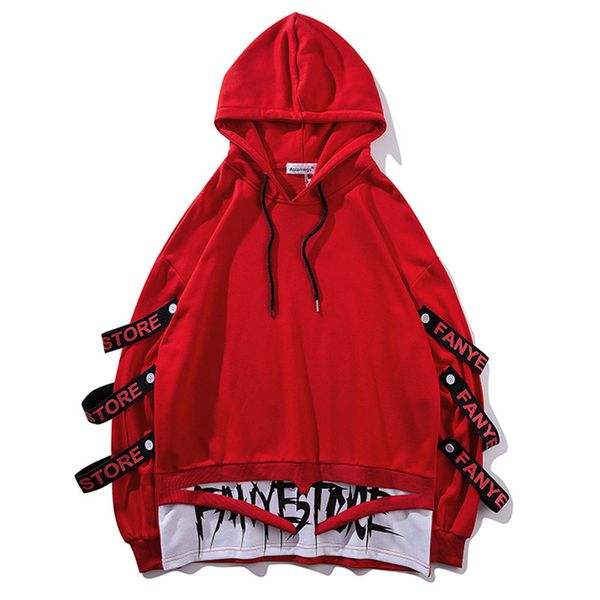 

men fake 2 pieces ribbons hooded high street pullover sweatshirt men fashion hip hop streetwear hoodie autumn, Black