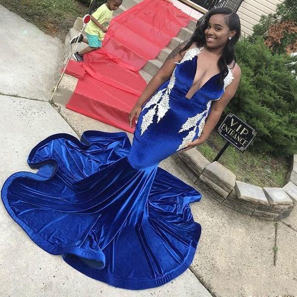 2020 Royal Blue African Black Girls Velvet Prom Dresses Sexy Jewel