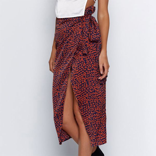 

side split mid-length skirt women summer lace up leopard print women's skirts 2020 high waist ladies streetwear bottoms, Black