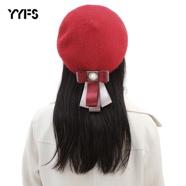 

yyfs bow elegant berets women 2019 new fashion winter warm hat harajuku wool beret hat female with diamond bowknot caps, Blue;gray
