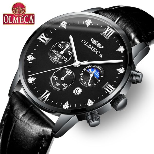 

brand olmeca leather belt luxury diamond men wristwatch calendar chronograph luminous waterproof quartz watches relogio, Slivery;brown