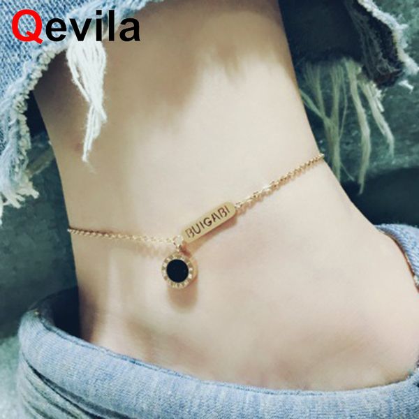 

qevila fashion summer beach anklets bracelets for women simple stainless steel roman number chain on the leg jewelry foot ankles, Red;blue