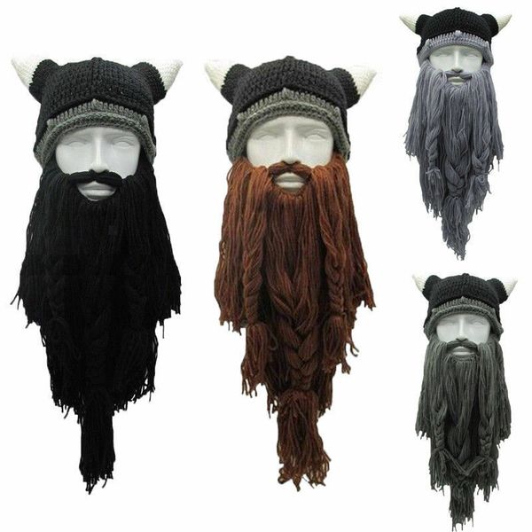 

funny crazy halloween cosplay men knit viking beard horn hat ski mask cap barbarian vagabond cool beanie winter warm hats