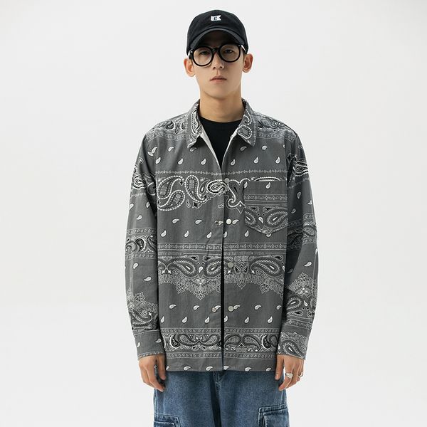 

men high street retro fashion cashew flowers casual long sleeve shirt male hip hop loose dress shirts, White;black