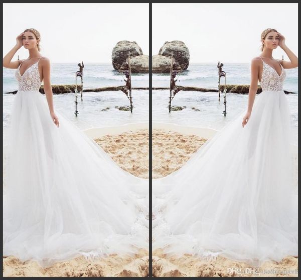 

a line white tulle v neck beach wedding dresses bridal gowns 2019 country spring wedding gowns modest vestidos de novia