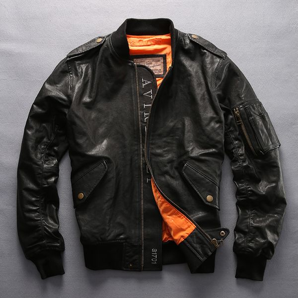 

2017 avirex genuine leather jacket men fashion baseball jacket sheepskin flight men bomber men's pilot coat, Black