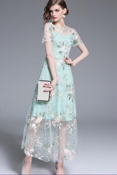 

light blue flora print embroidery lace women long dress a-line street style dresses ankle-length short sleeve, Black;pink