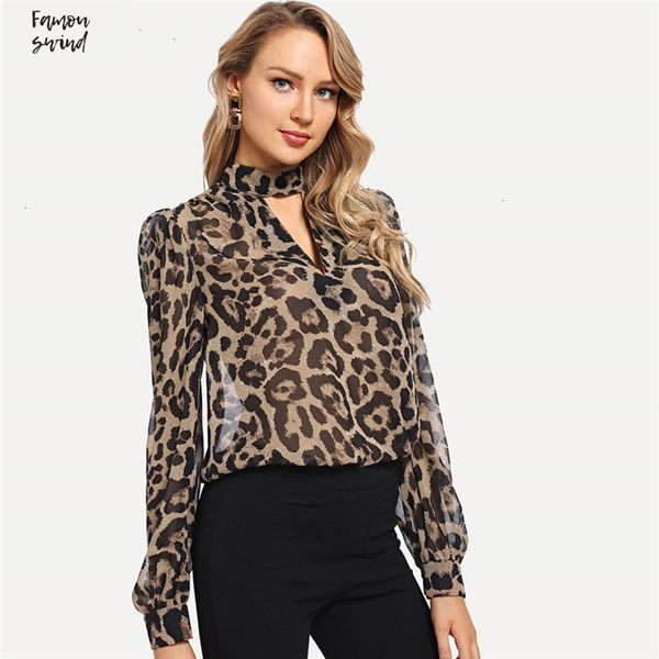

управление леди choker блуза шеи leopard multicolor печати аппликация вырезать длинные рукава осень рабочая одежда мода женщины топы и блузк, White