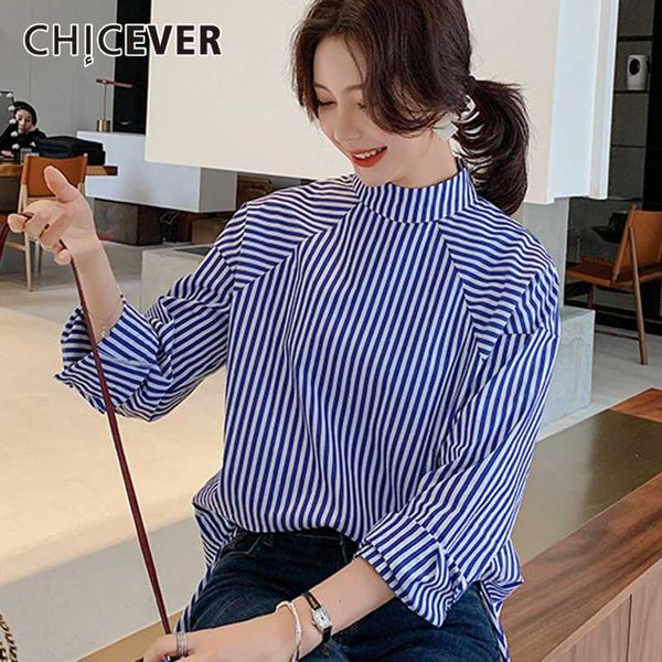 

women's blouses & shirts chicever stripe hit color shirt for women mandarin collar long sleeve casual blouse female 2021 spring fashion, White