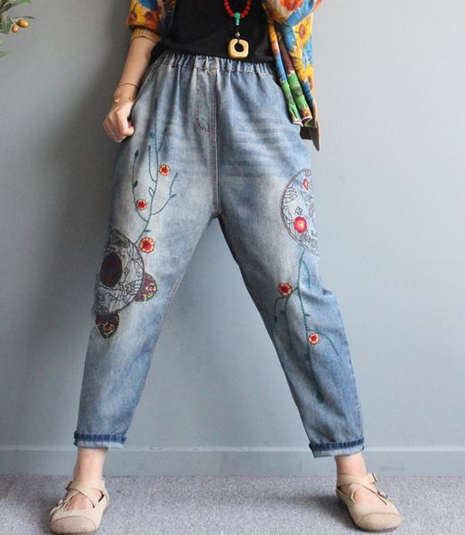 

women's jeans spring retro women autumn embroidery bleached washed floral wide elastic waist female ankle-length denim harem pants, Blue