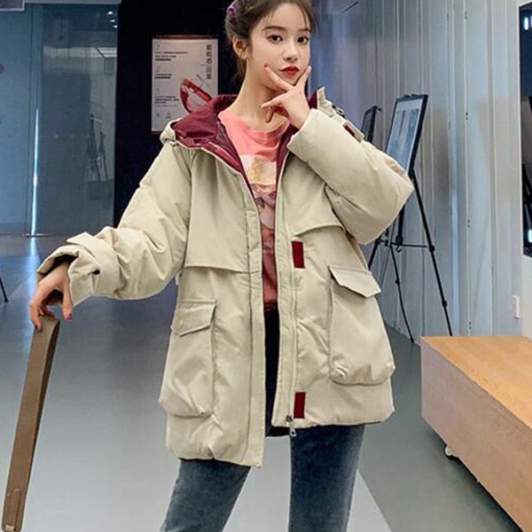 

2019 new winter harajuku tooling jacket women fashion korean version student stitching hooded warm down jacket cc610, Tan;black