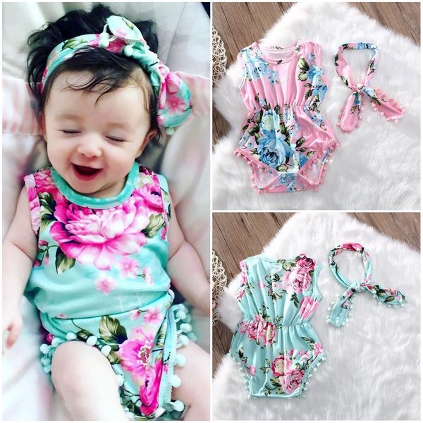 

sleeveless floral tassle baby bodysuit for girls, White