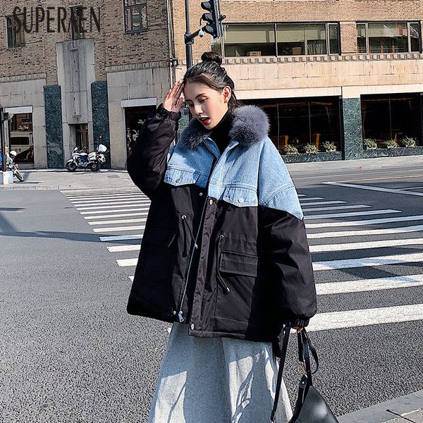 

superaen 2019 winter new korean style warm parkas coat women fashion casual wild denim stitching parkas coat female long-sleeve, Black