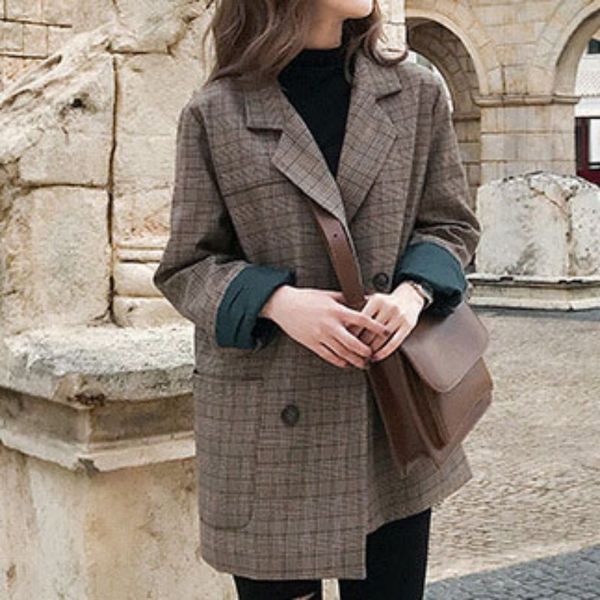 

ins fashin loose vintage suit korean version small long sleeve suit new women plaid, White;black