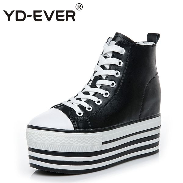 

yd-ever 9cm genuine leather women boots high heel platform wedge shoes height increasing lace up casual shoes sneakers, Black