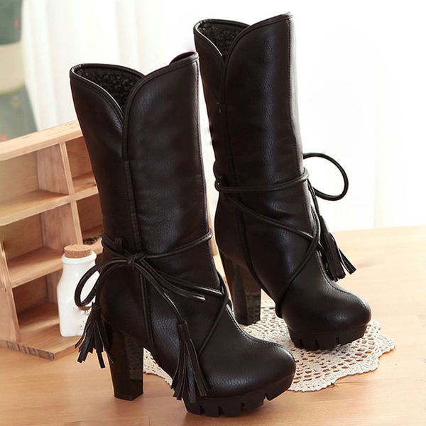 

new arrival butterfly-knot winter boots women knee high long boots fashion square heel cross-tied snow woman shoes chancla, Black