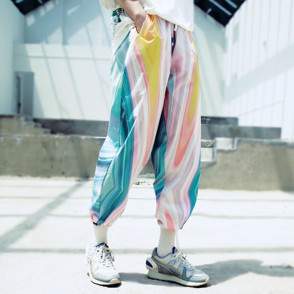 

harajuku pants women men summer rainbow aesthetic beam pants loose elastic waist harem hip hop streetwear sweatpants, Black;white