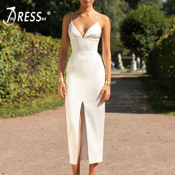

indressme women strap sleeveless deep v neck bandage dress bodycon mid- calf front slit party club dress vestidos 2019 new, Black;gray