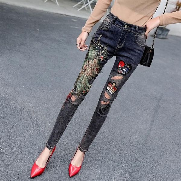 

women's jeans 2020 spring and autumn embroidered phoenix high waist women denim pencil jeans plus size ladies trousers w1947, Blue