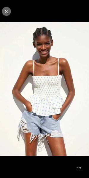 

dropshop new fashion polka dot print casual sling blouse shirts women back elastic ruffles xs - l z12, White