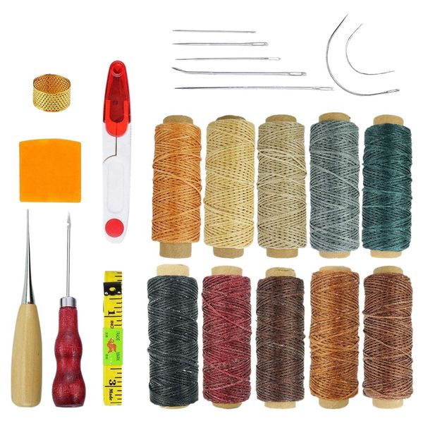 

abkm 23 pieces 10 colors 150d 550 yards leather waxed thread craft tool diy sewing accessories leather hand sewing needles, Black