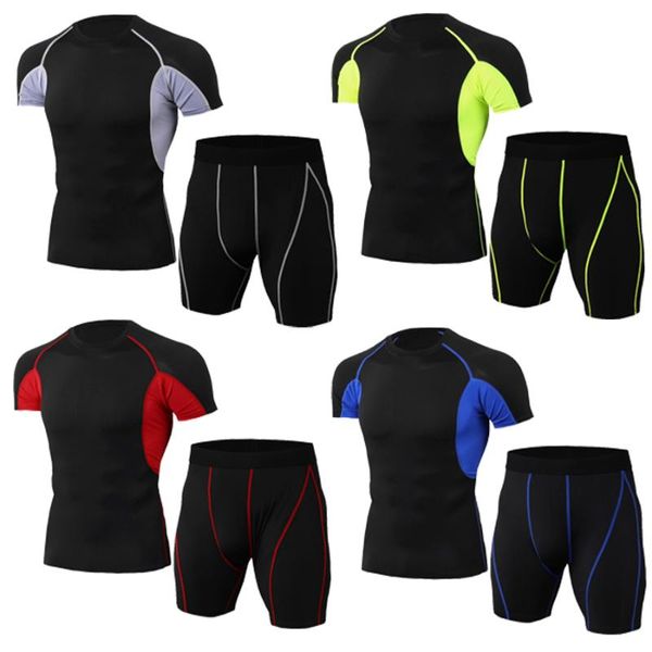 

men's running co set suits and skinny fitness running tights t-shirt suit sportswear quick dry shirt, Black;blue