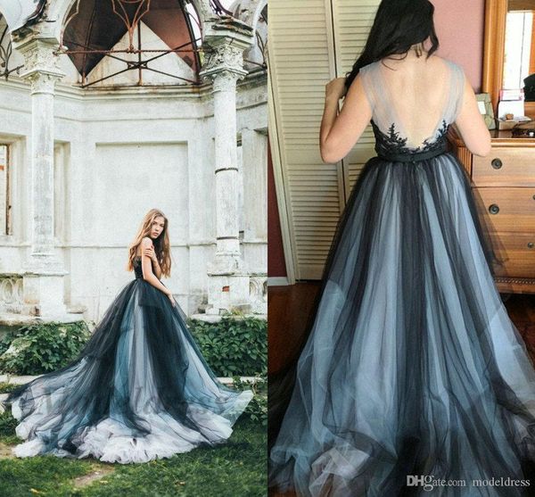 

gothic wedding dresses colorful tulle black navy open back lace appliques sheer neck country wedding gowns fashionable design bohemian style, White