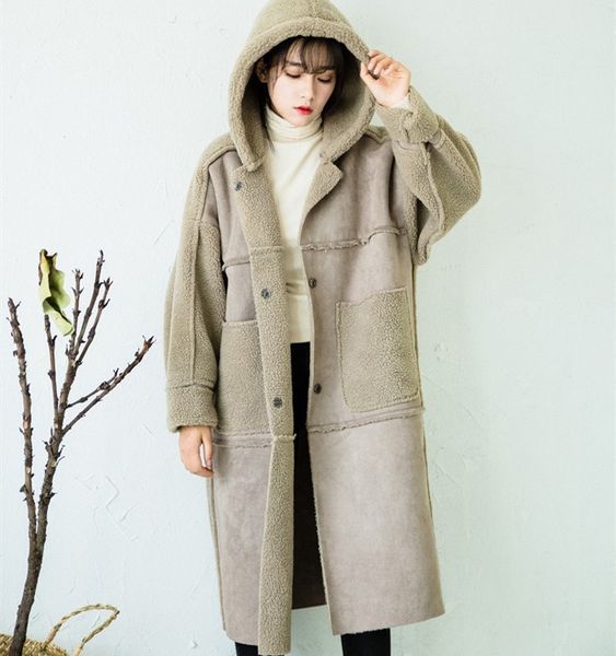 

winter long sleeve long parkas women turn-down collar warm outerwear casual patchwork fur pockets faux suede coats, Black