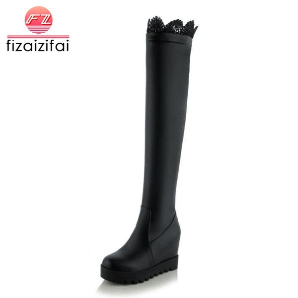 

coolcept women thigh high boots winter plush fur shoes woman thick bottom shoes embroidery inside heels warm boots size 33-43, Black