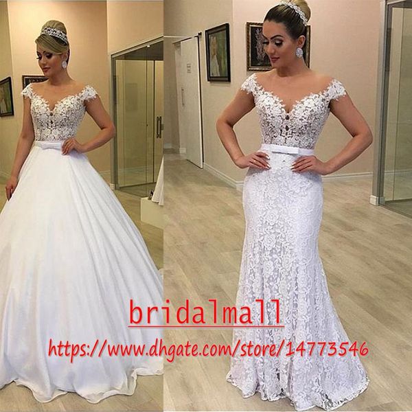 

jewel mermaid lace wedding dresses with detachable skirt bowknot 2020 elegant african bridal dress plus size wedding gowns vestidos de novia, White